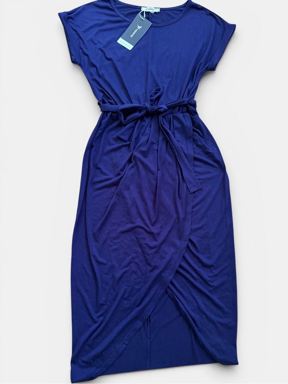 NWT Yidarton Women’s Blue Midi Wrap Dress Tie Waist Short Sleeve Size L